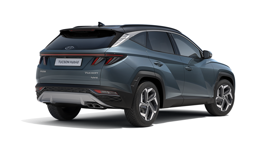 The All-New Hyundai Tucson Hybrid compact SUV pictured from the side with its sporty look.