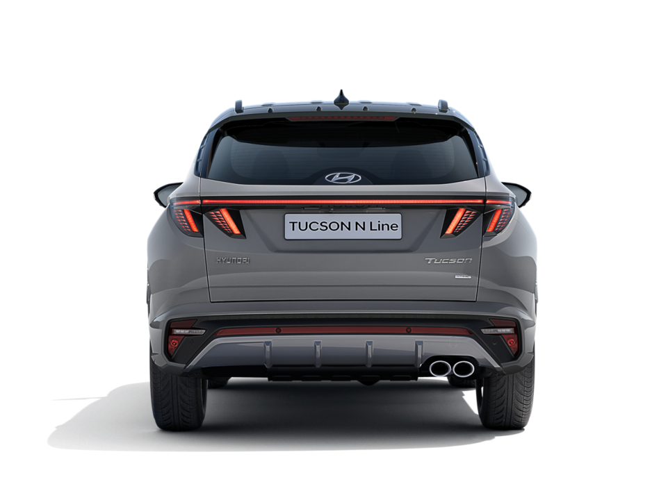 The all-new Hyundai TUCSON Plug-in Hybrid N Line in shadow gray, seen from the rear.