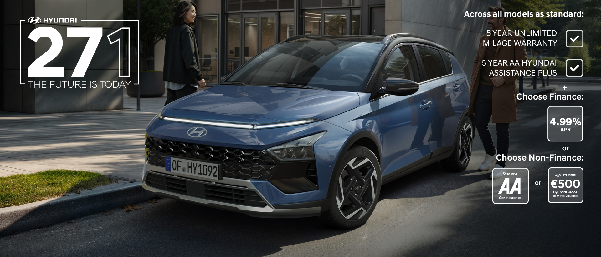 The new Hyundai BAYON is seen the front, with urban housing in the background.