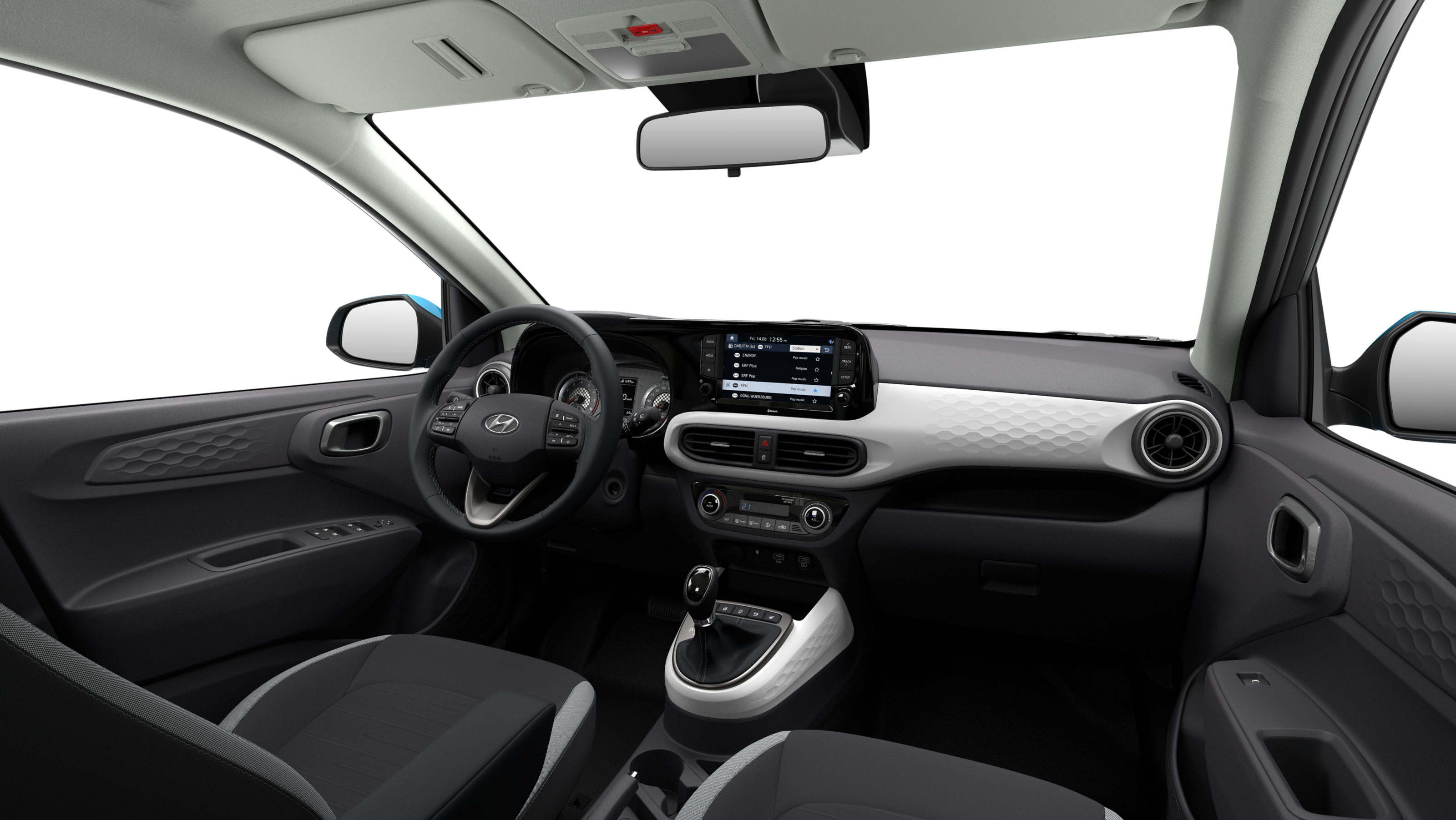 The roomy interior cockpit design of the Hyundai i10.