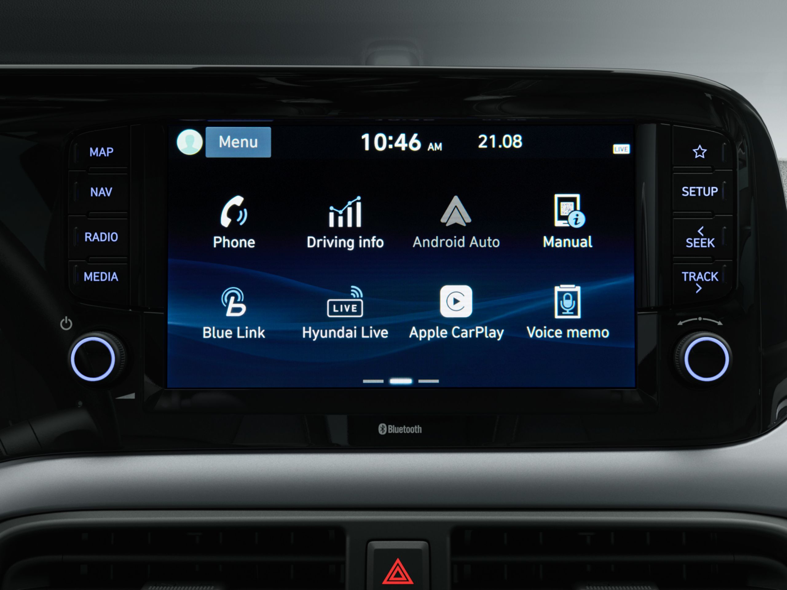 Close up view of the 8 inch touch screen in the Hyundai i10.