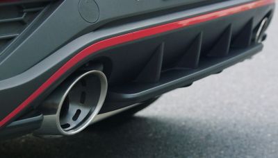 detail of the enlarged exhaust pipes on the new Hyundai i30 N performance hatchback