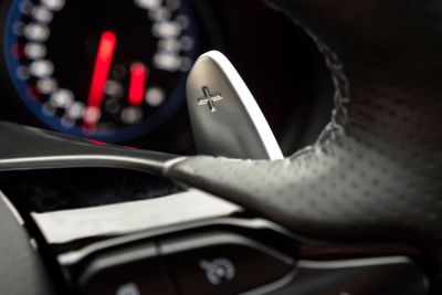 detail of the racing-inspired paddle shifters on the steering wheel of the new Hyundai i30 N