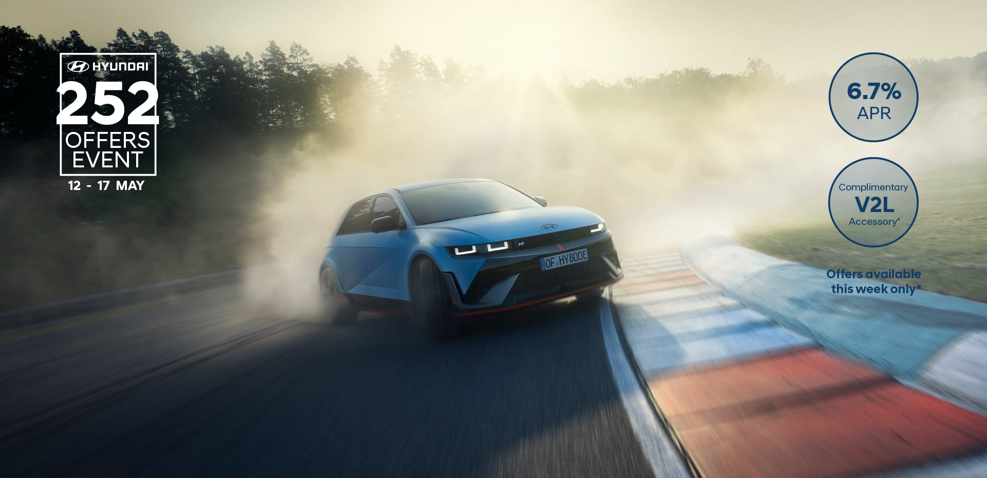 The all-electric Hyundai IONIQ 5 N drifting through a curve on a racetrack with smoking tyres.