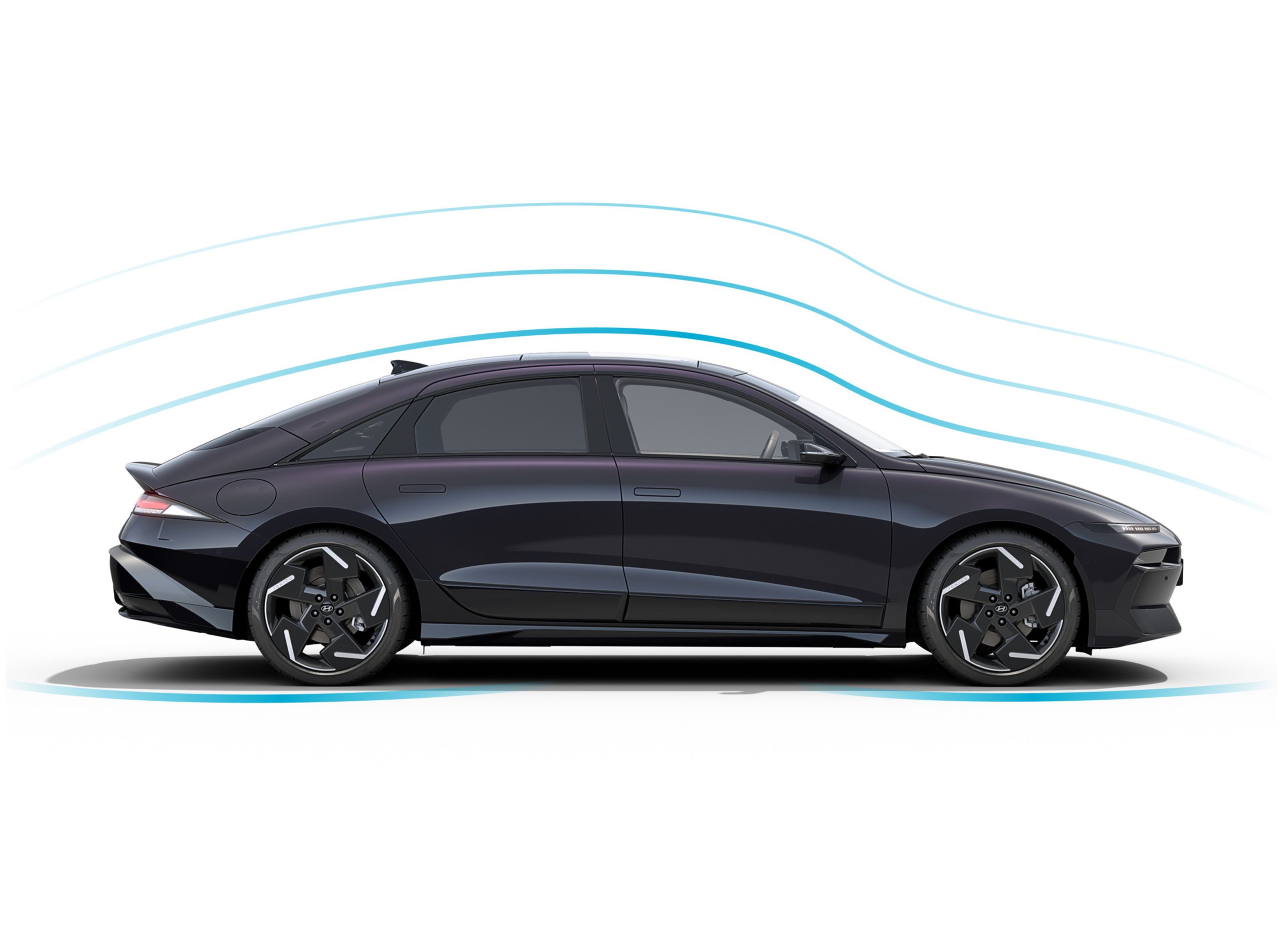 The new Hyundai IONIQ 6 electric sedan shown with visible aerodynamic lines above the car.