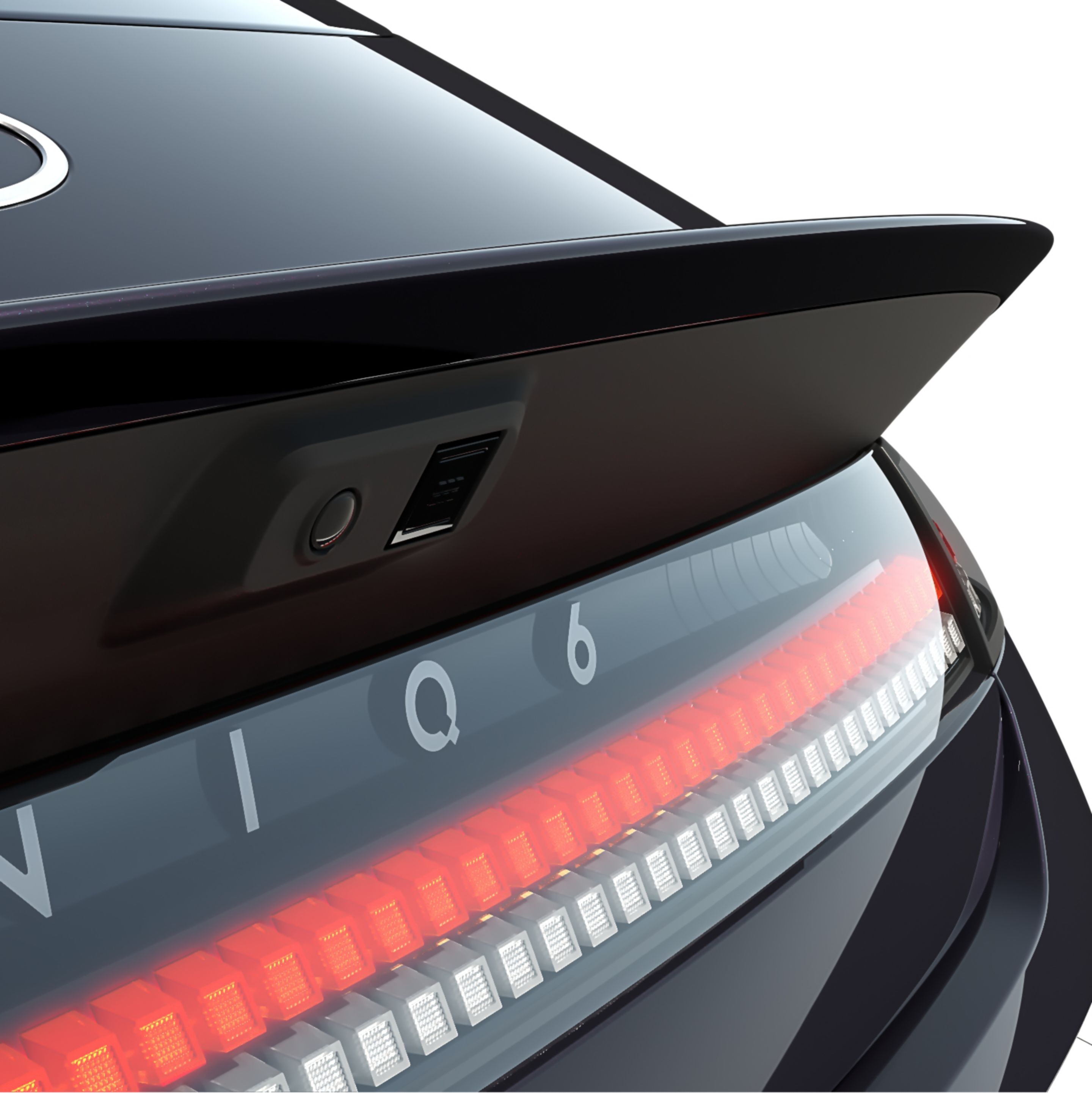 Close up shot of IONIQ 6 rear logo and illuminated Parametric Pixels on rear end.