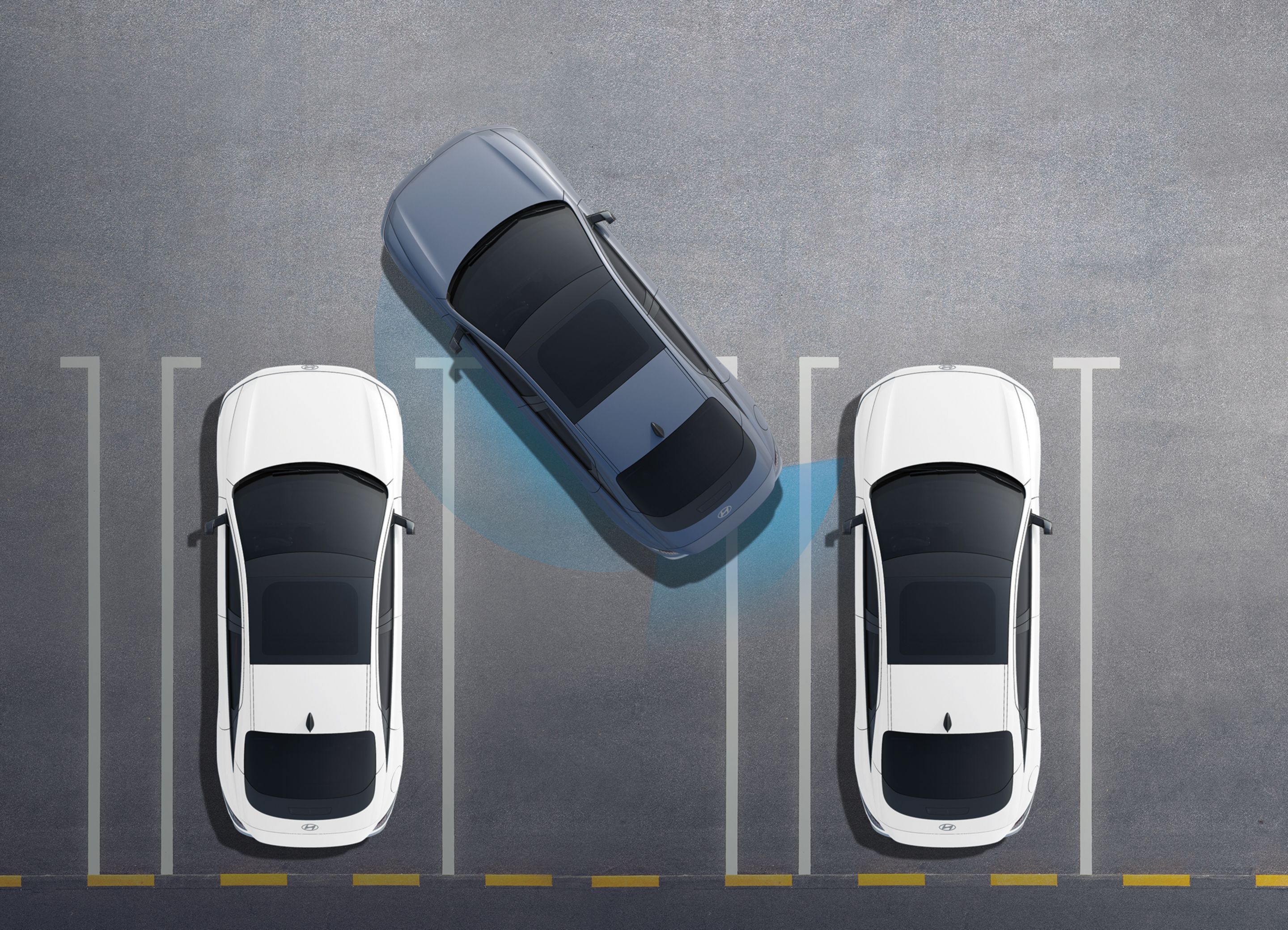 Illustration of Remote Smart Parking Assist 2 with an IONIQ 6 parking between two other IONIQ 6.