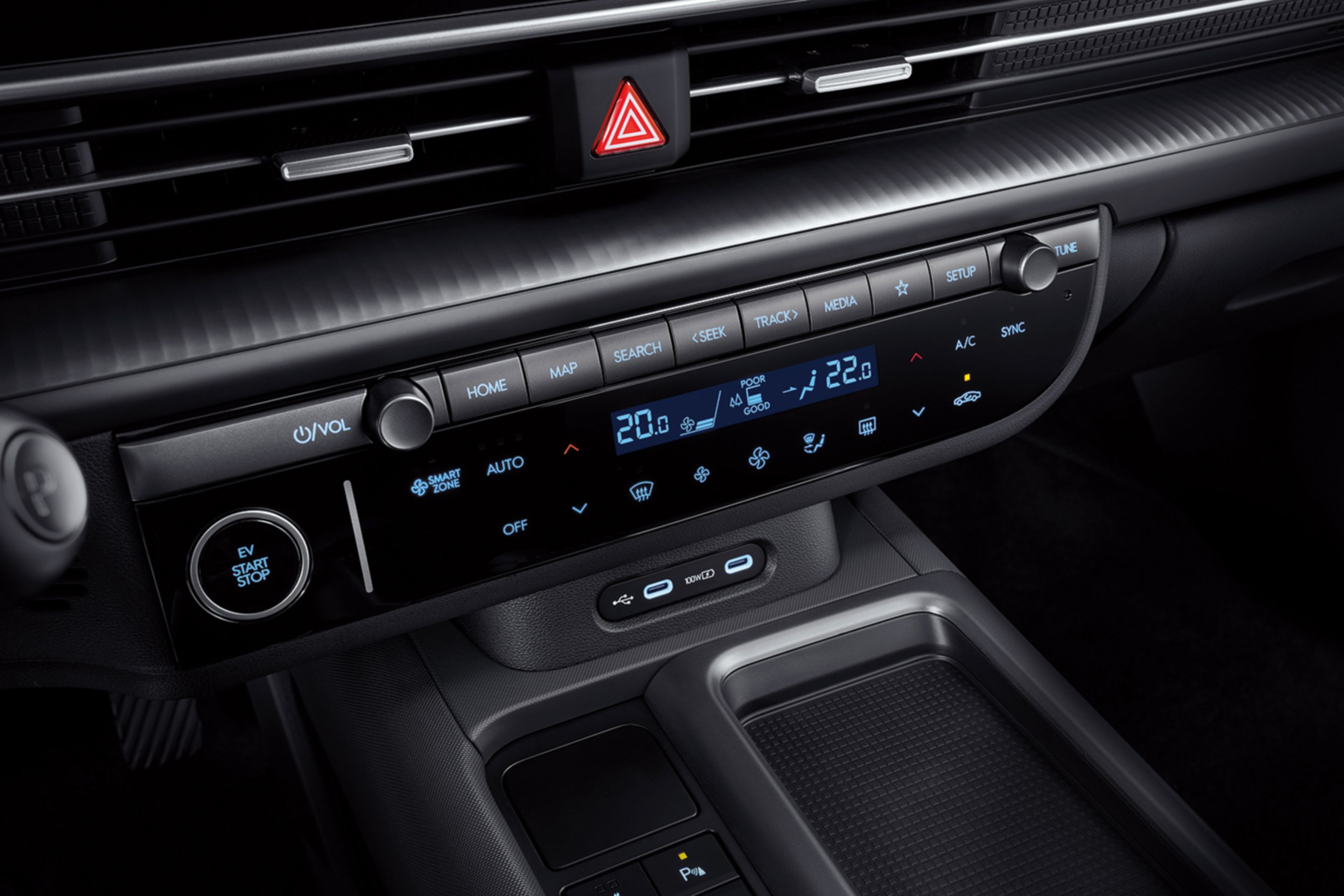 Close up image of the start button and air-conditioning control pad inside the Hyundai IONIQ 6.