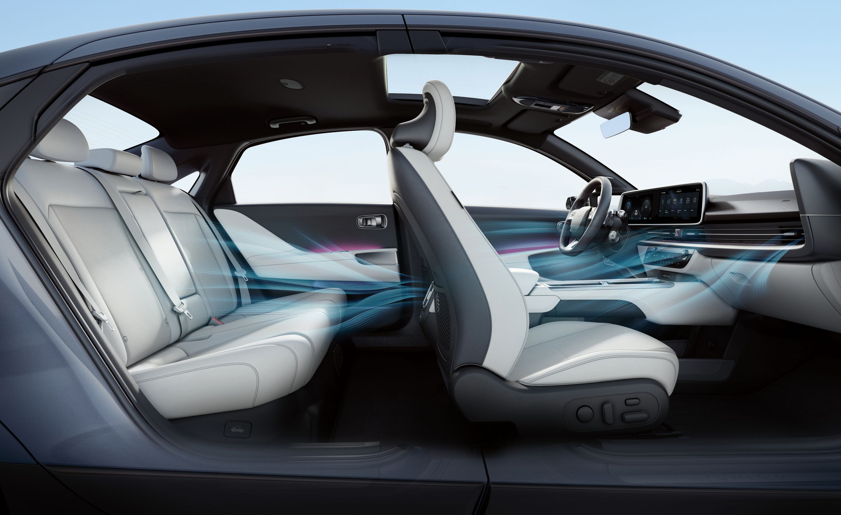 Automatic dual zone air-conditioning air flow illustrated inside the Hyundai IONIQ 6.