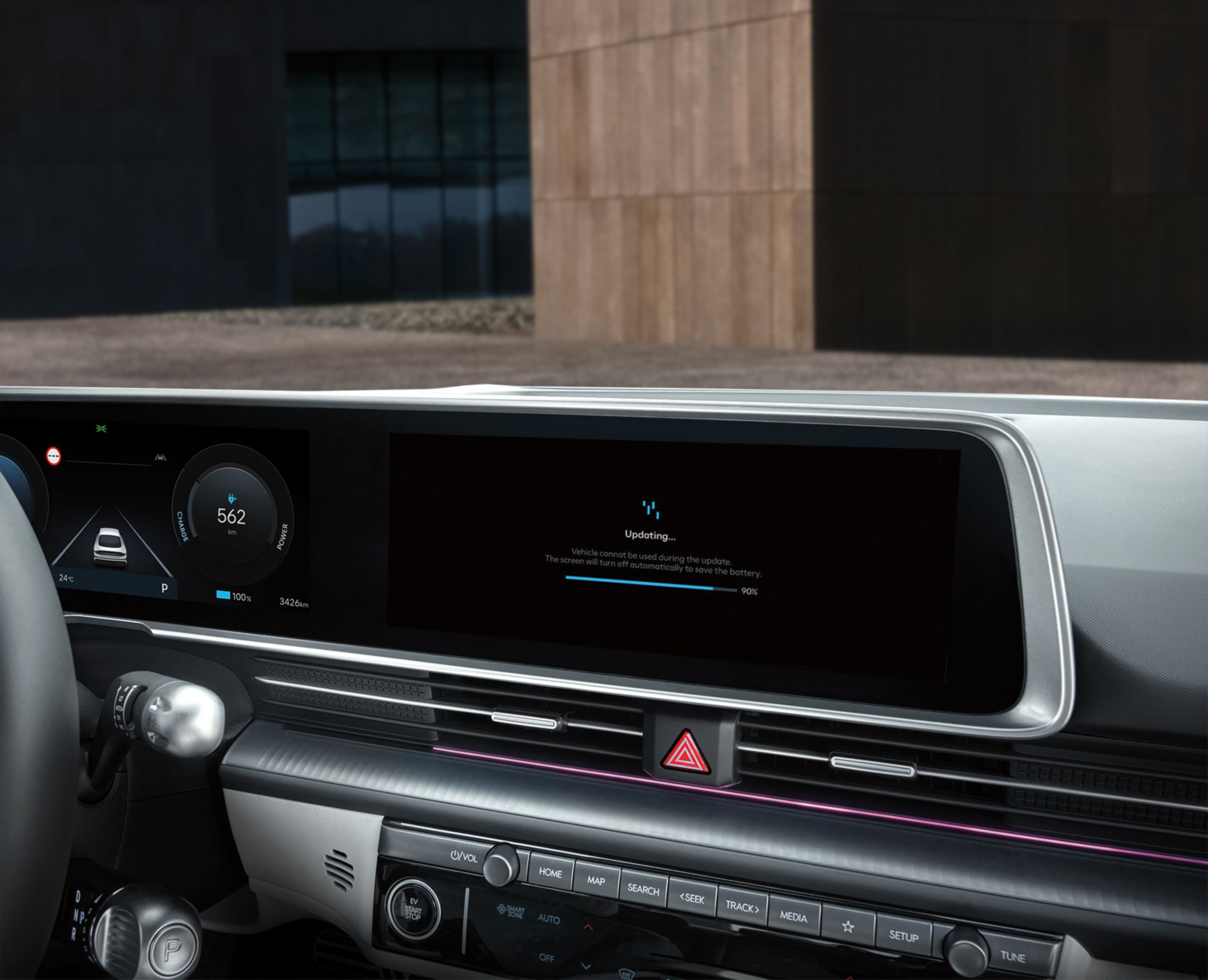 The centre touchscreen inside the IONIQ 6 showing an Over The Air vehicle software update in progress.
