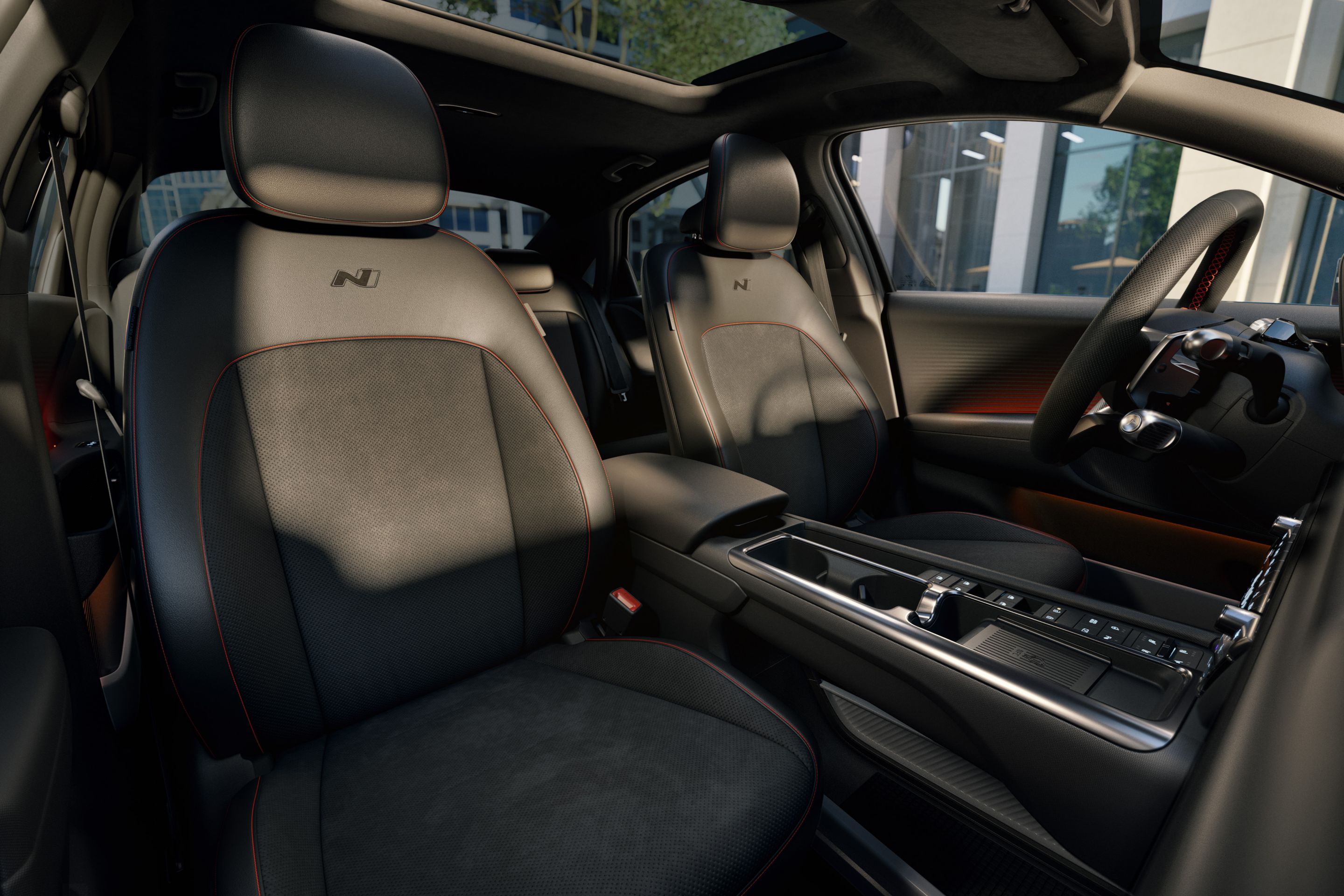 N Line sport seats inside a Hyundai IONIQ 6 N Line electric sedan.