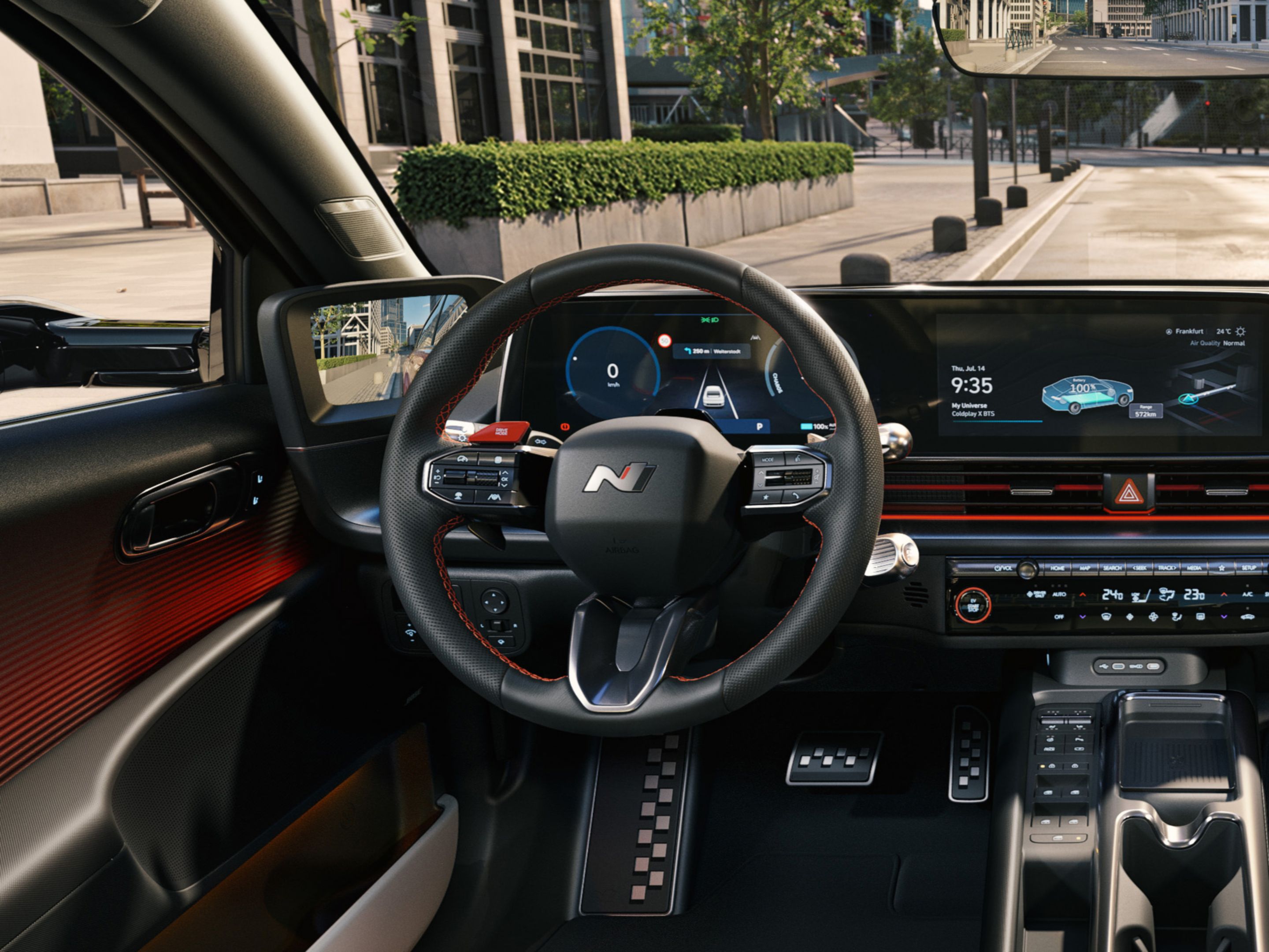 Leather N Line steering wheel inside a Hyundai IONIQ 6 N Line electric sedan.