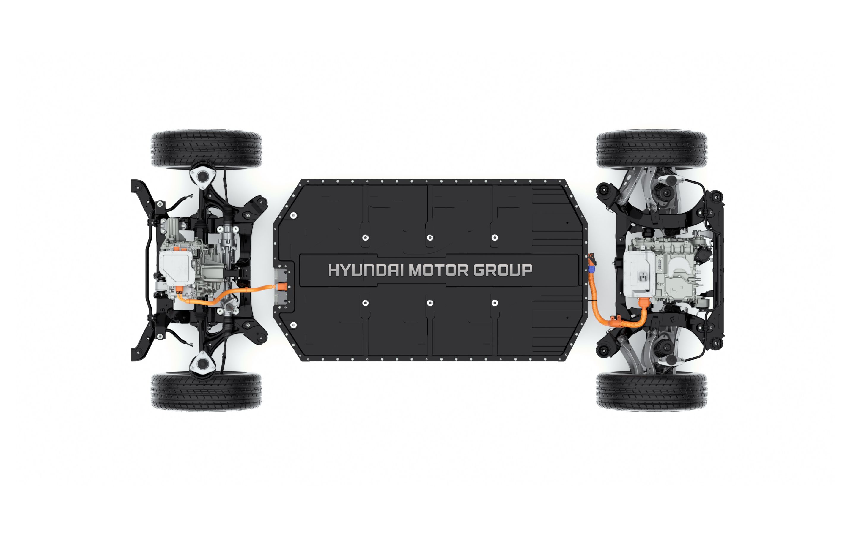 Top-down view of the Electric Global Modular Platform showing the battery, wheels and chassis.