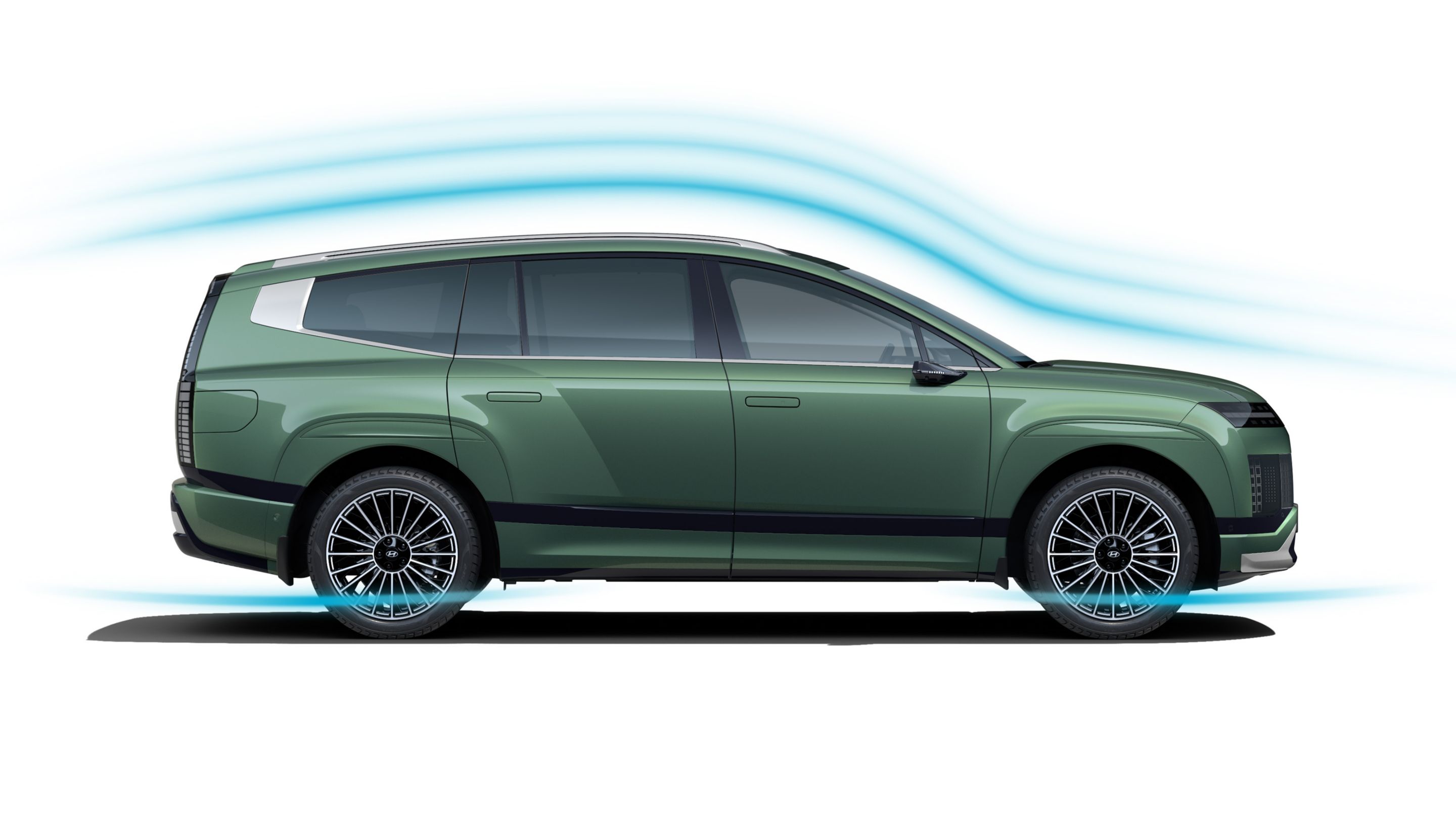 Side view of Hyundai IONIQ 9 electric SUV show the aerodynamic flow.