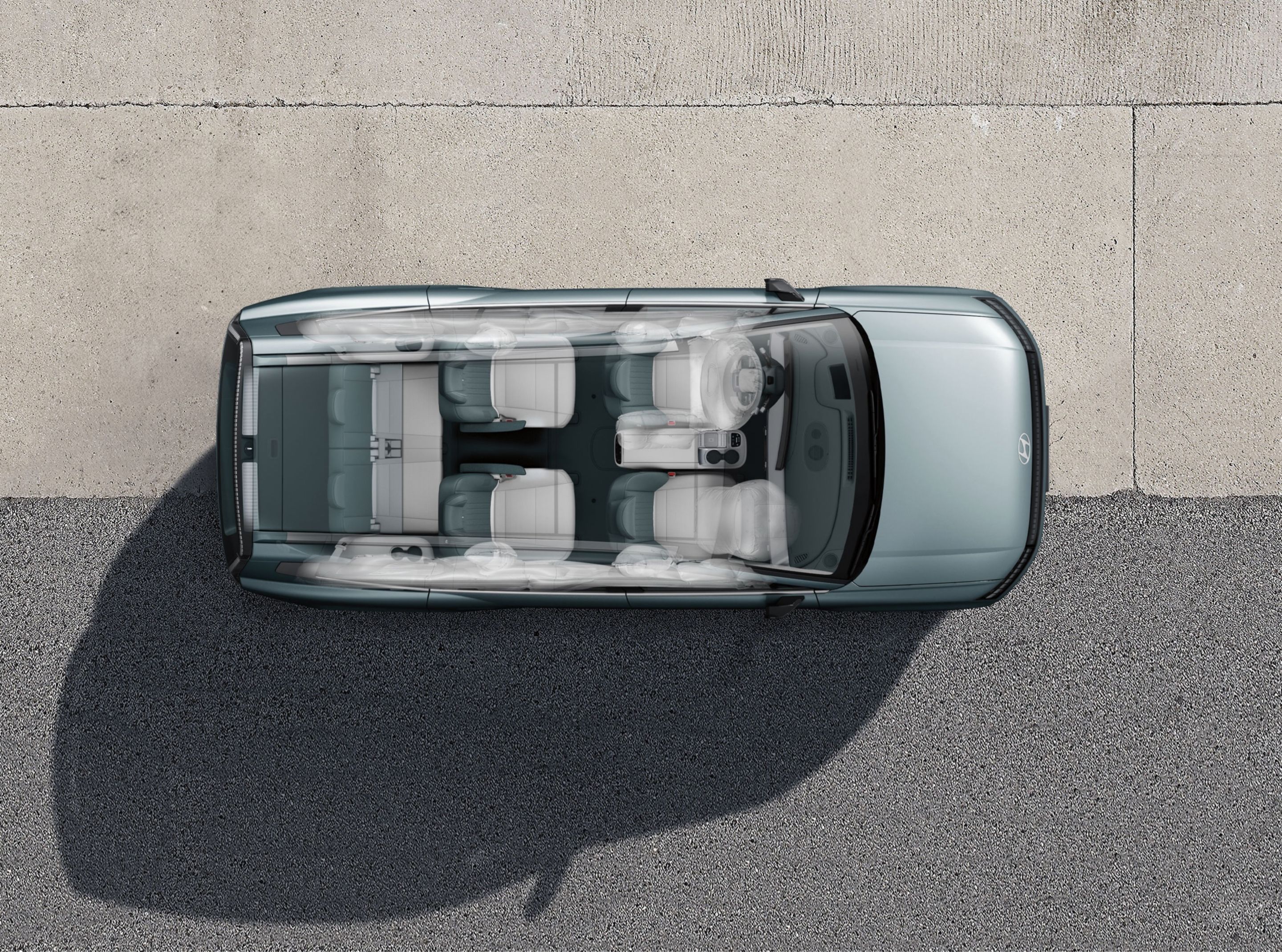 Birds eye view of the Hyundai IONIQ 9 showing position of the 10 airbags.