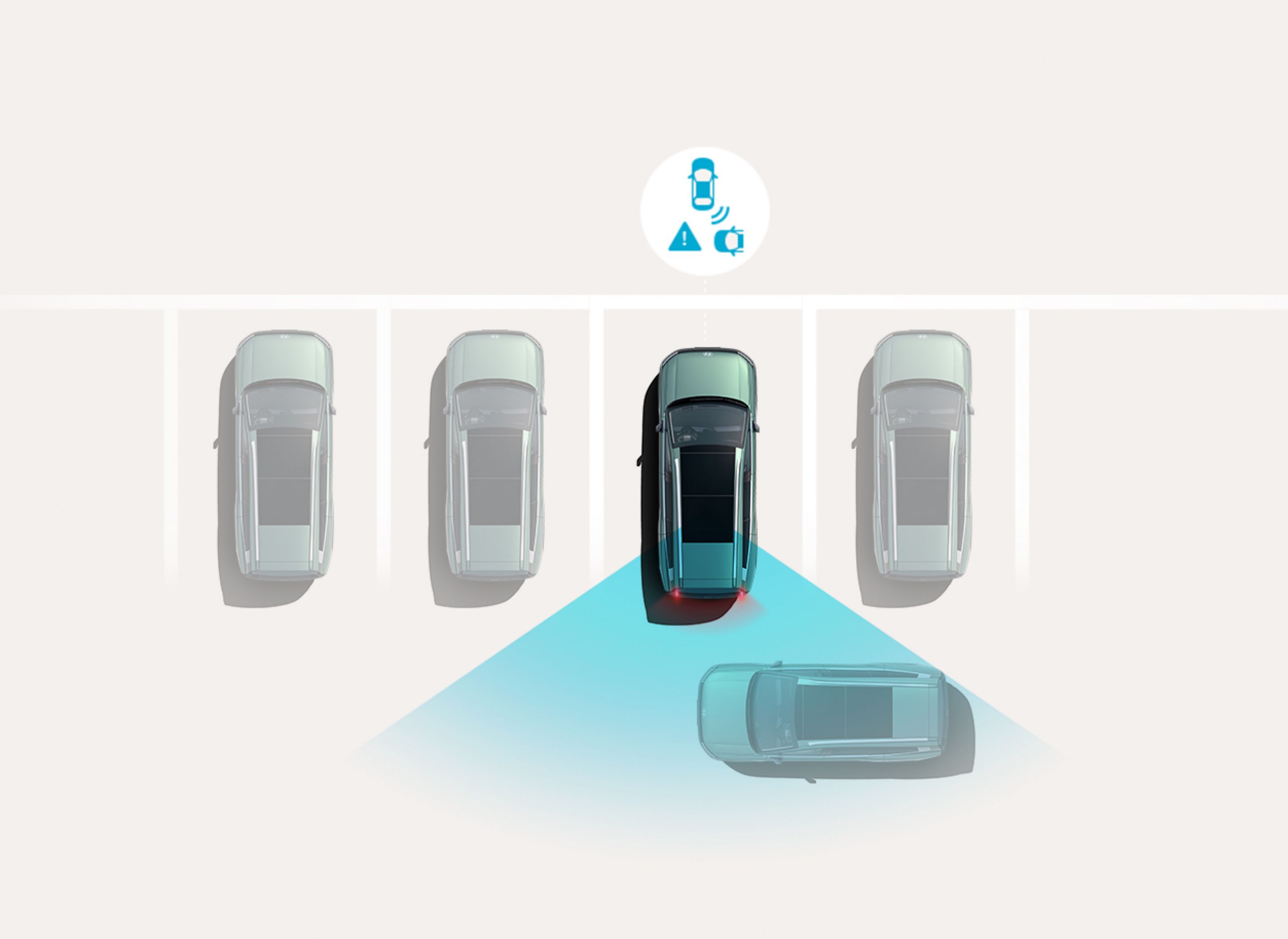 Rear Cross-Traffic Collision-Avoidance Assist: Hyundai IONIQ 9 brakes while reversing as sensors detect an approaching vehicle.