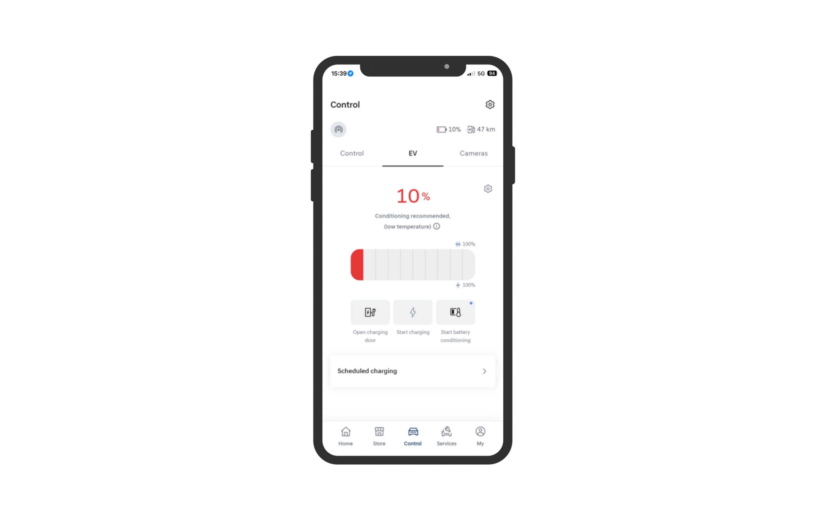 Smartphone screen showing an electric vehicle app with battery level at 10%, charging options, and scheduled charging controls.