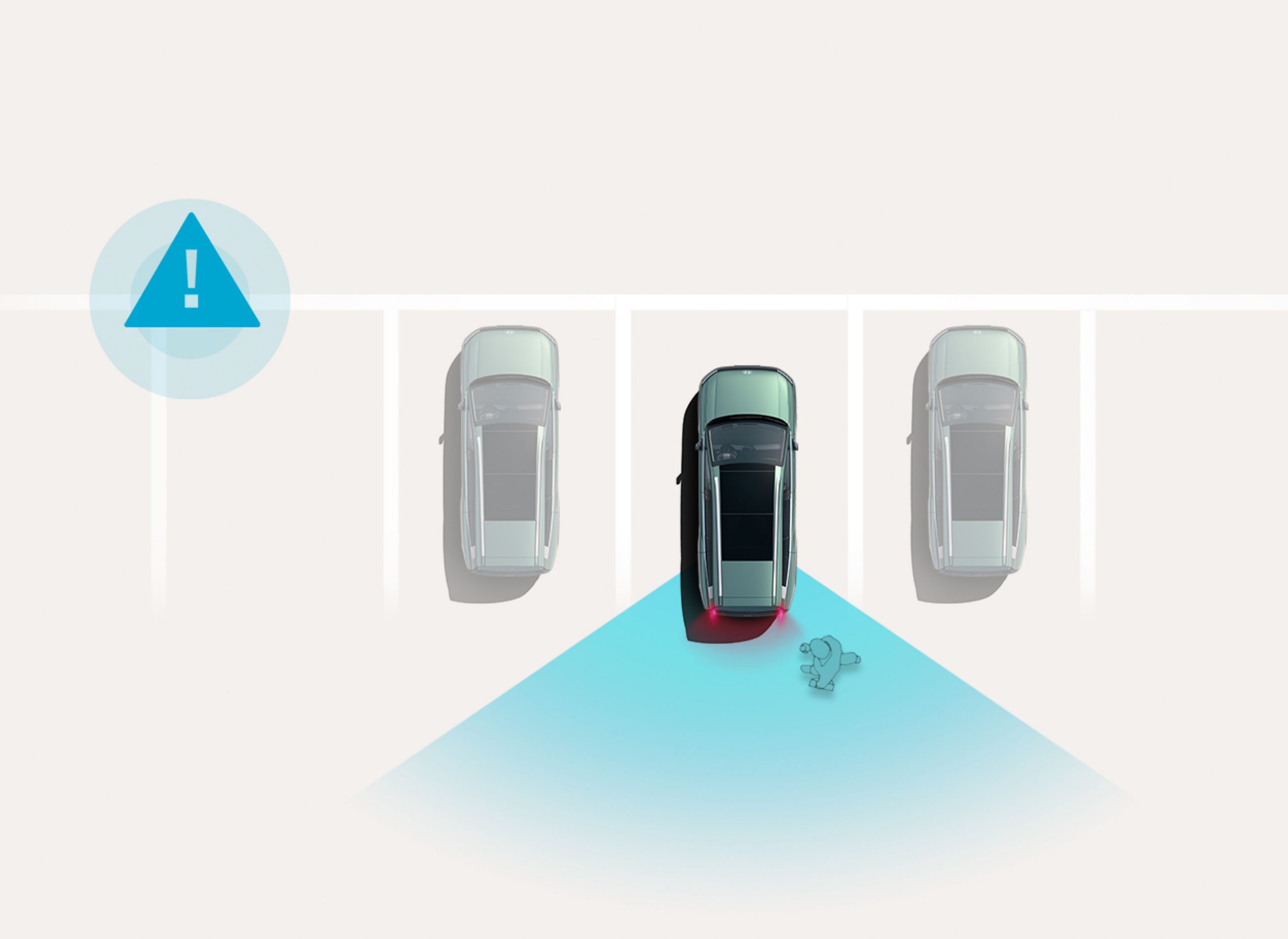Reverse Parking Collision-Avoidance Assist: Overhead view of a Hyundai IONIQ 9 reversing into a parking space while sensors detect an obstacle behind the vehicle.