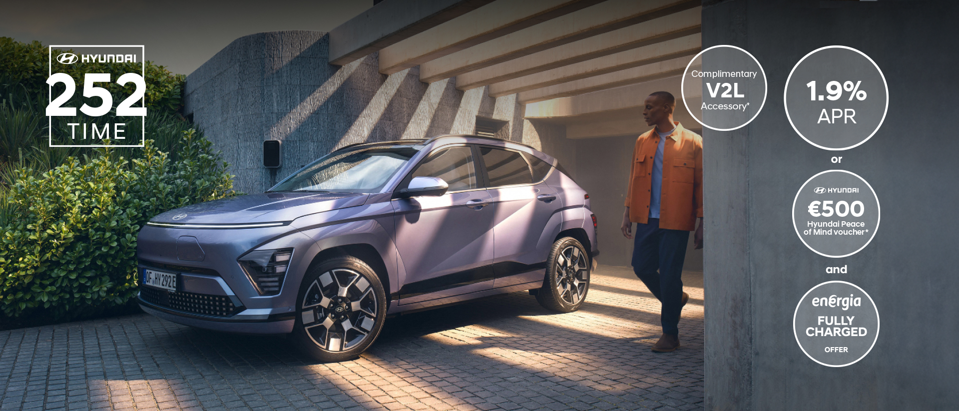 The Hyundai KONA Electric bathed in sunlight with a man walking away from a garage.