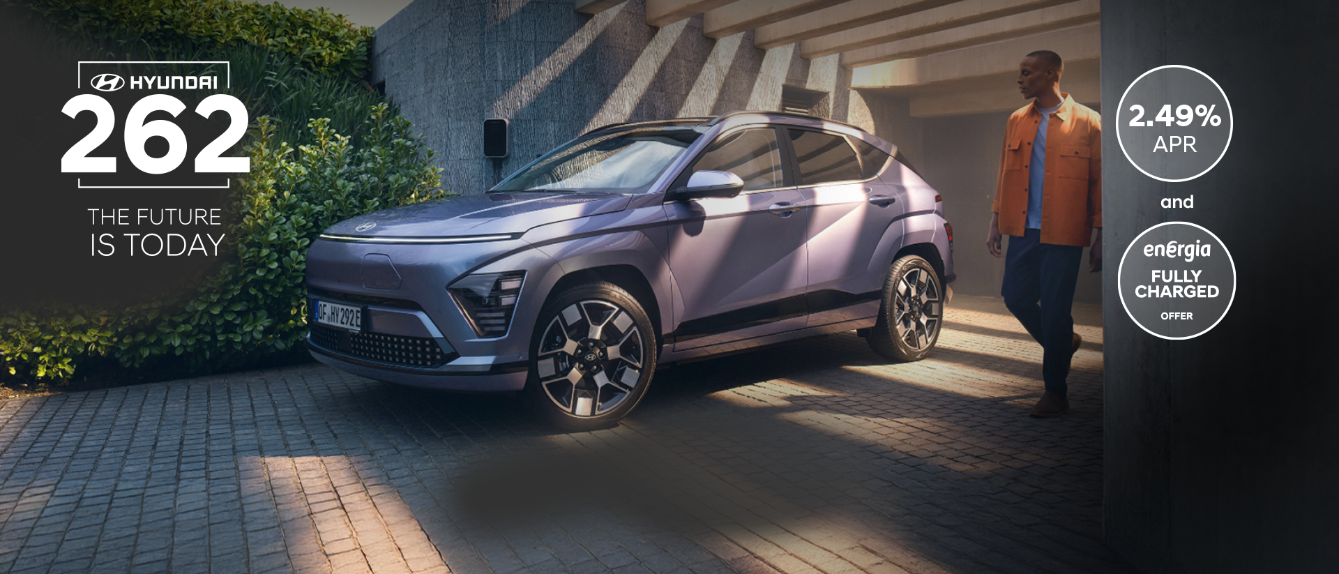 A white Hyundai Kona Electric car is parked with a man standing on the left side and a woman walking past on the right side. The background features a modern building with large windows.
