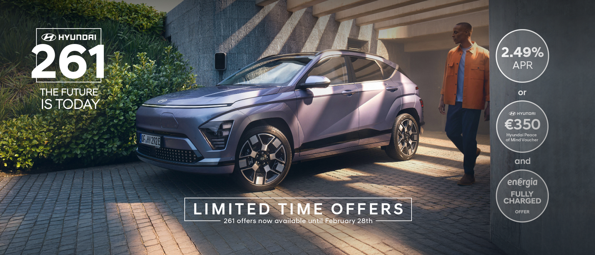 A white Hyundai Kona Electric car is parked with a man standing on the left side and a woman walking past on the right side. The background features a modern building with large windows.