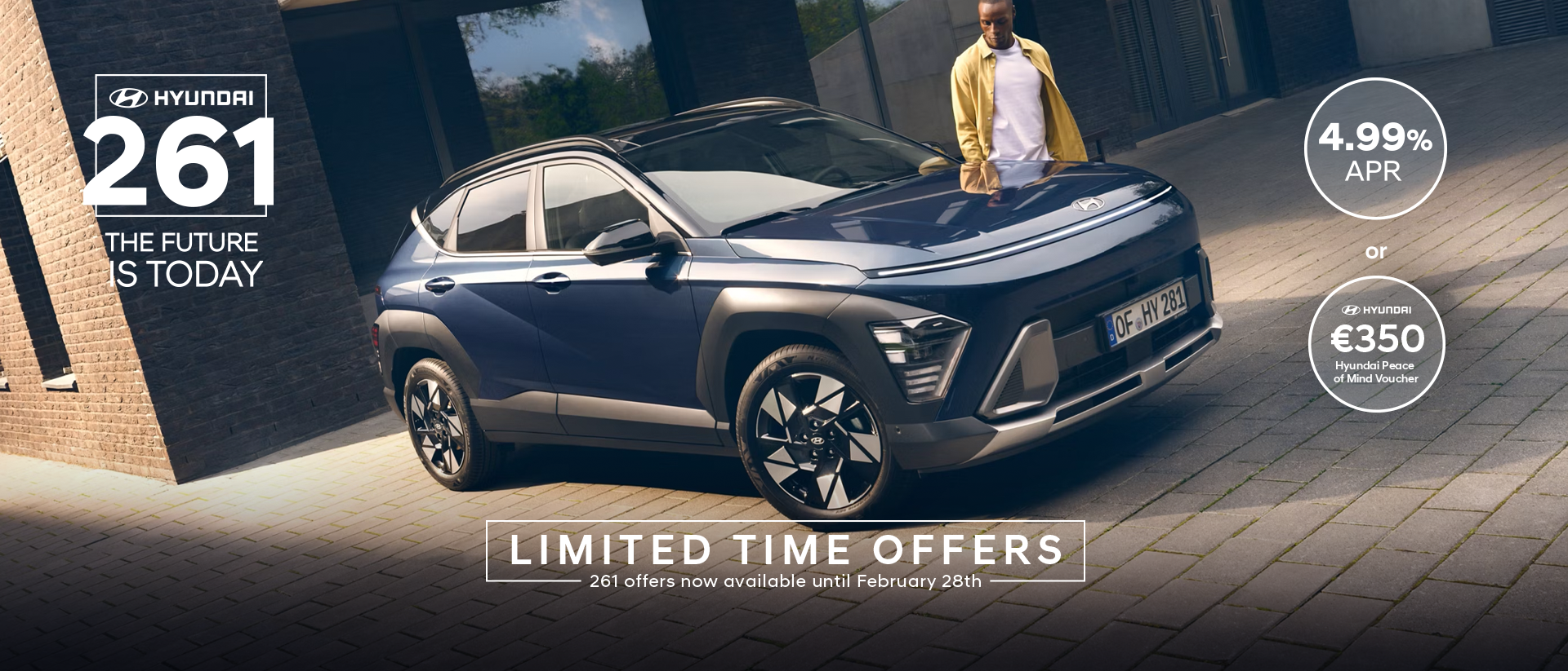 The all-new Hyundai KONA in blue parked next to a men with yellow shirt.