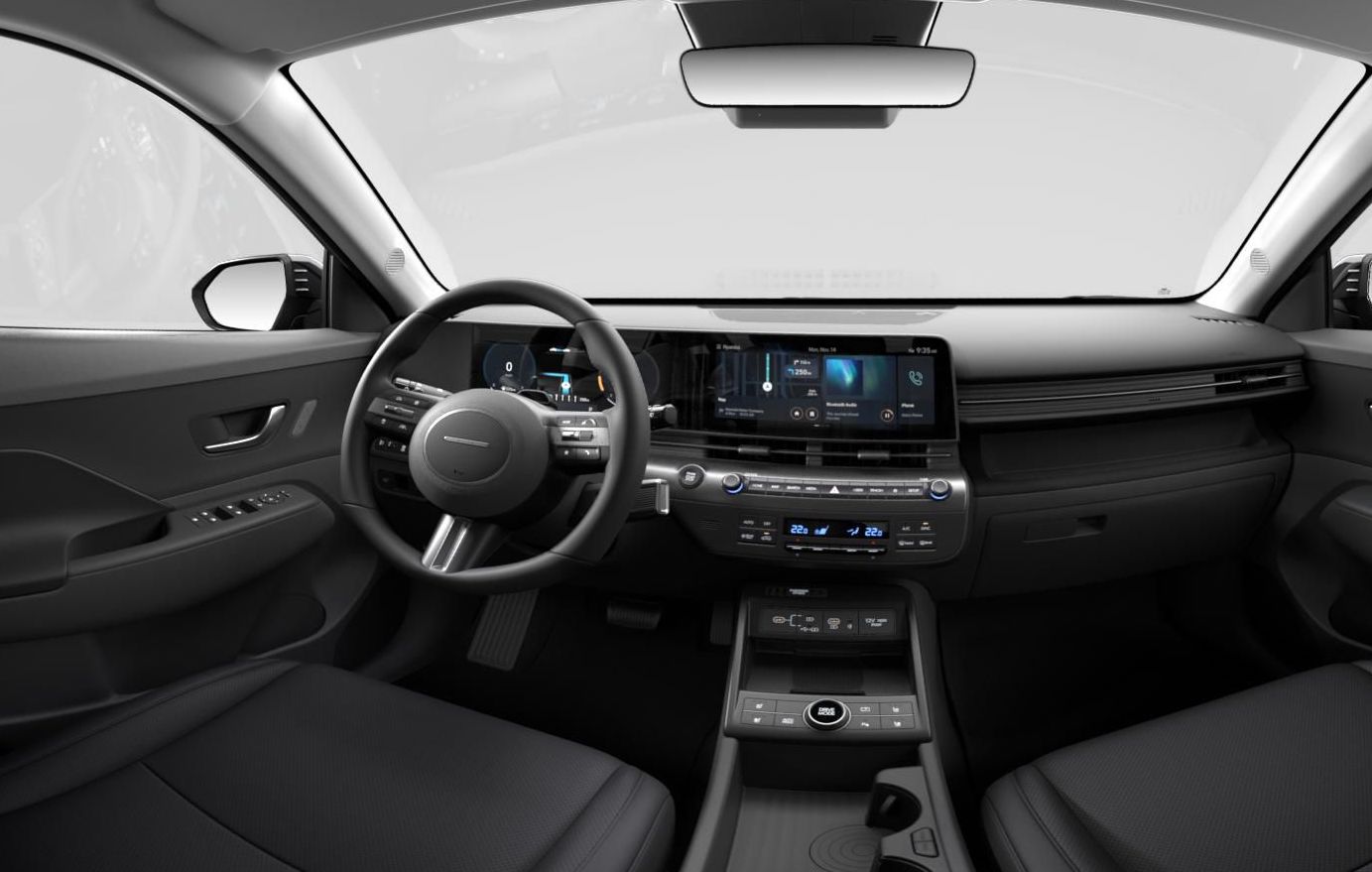 The inside view of the Hyundai KONA with large and comfort white seats. 