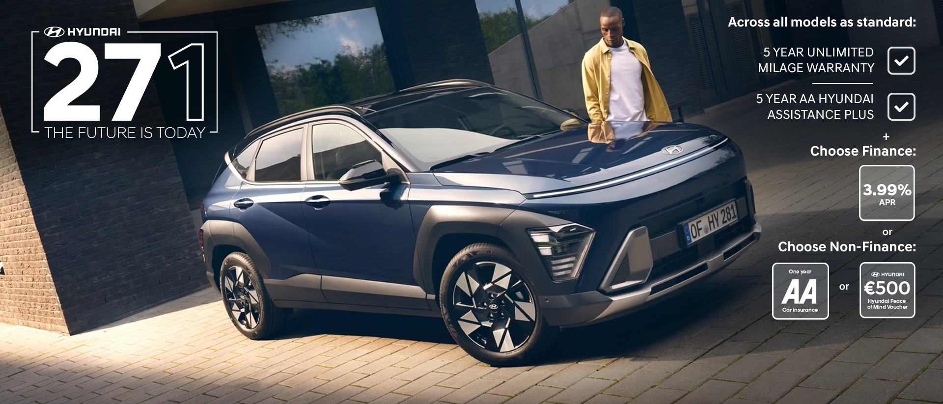 The all-new Hyundai KONA in blue parked next to a men with yellow shirt.