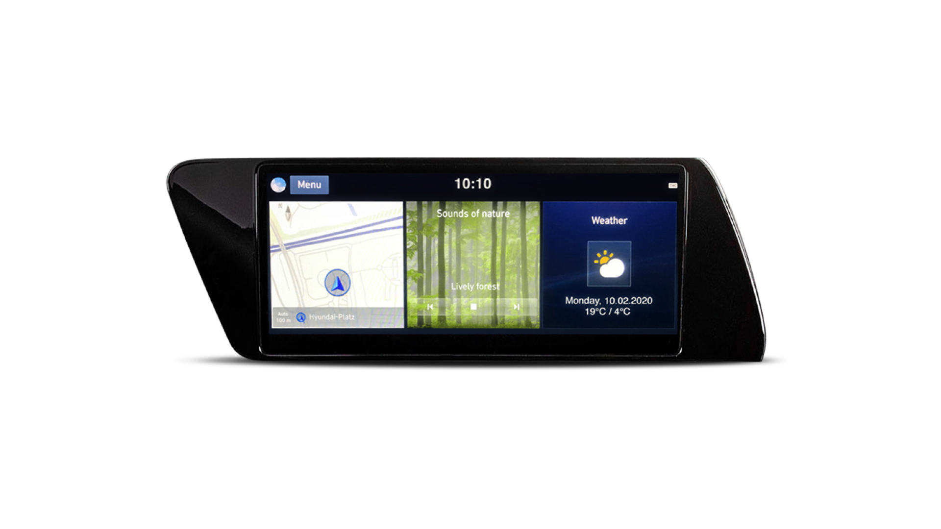The Hyundai i20's 10.25 inch centre touch screen, displaying the current route, music and weather