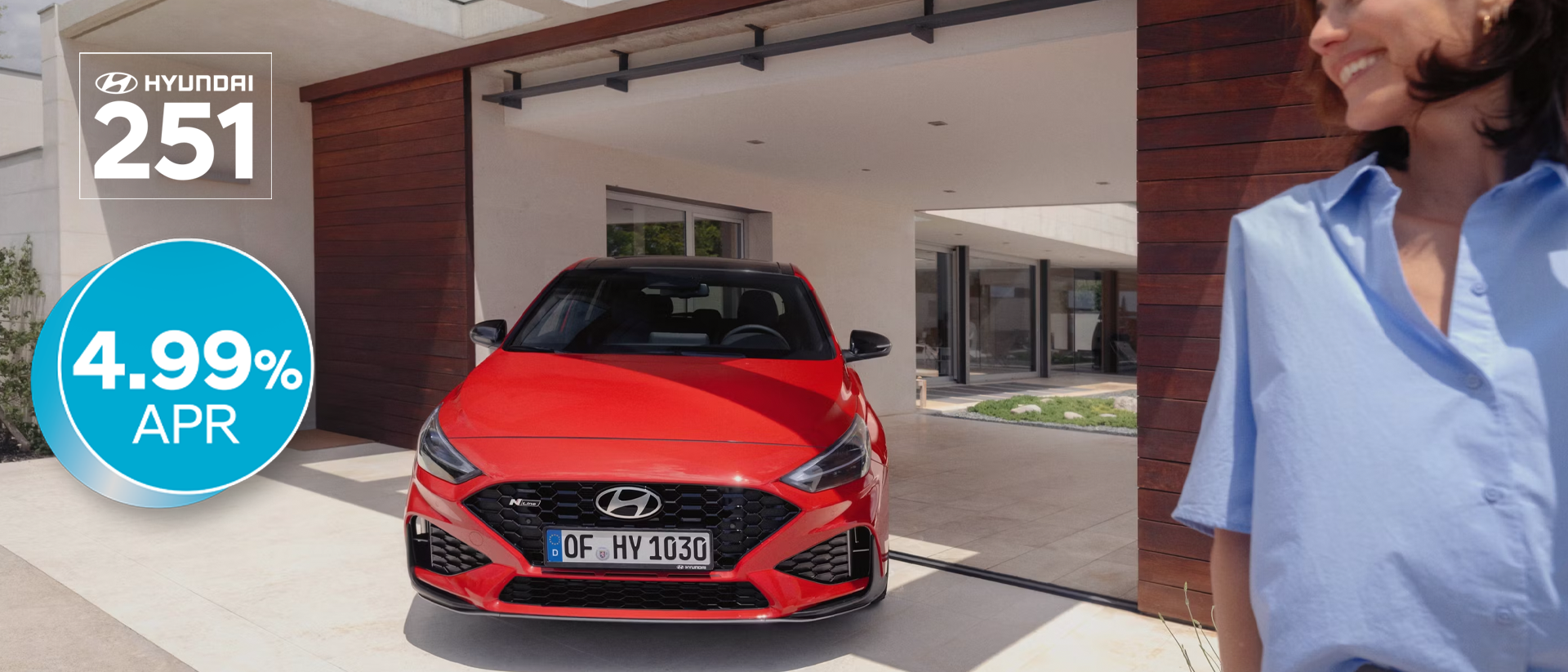 The new Hyundai i30 N Line in red parked in front of the house.