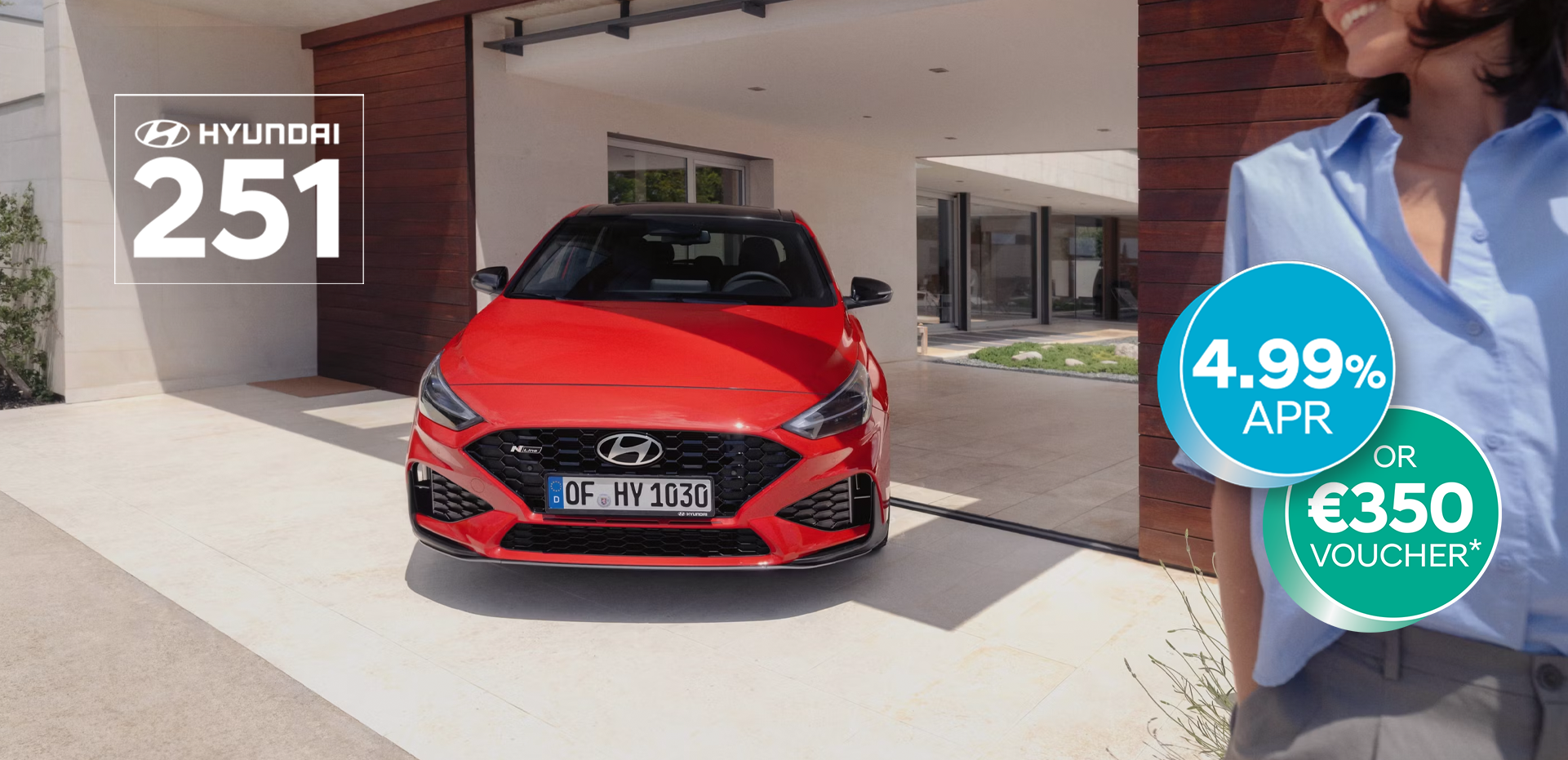 The new Hyundai i30 N Line in red parked in front of the house.