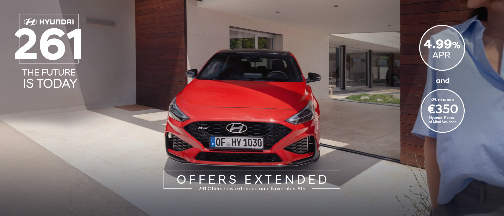 The new Hyundai i30 N Line in red parked in front of the house.