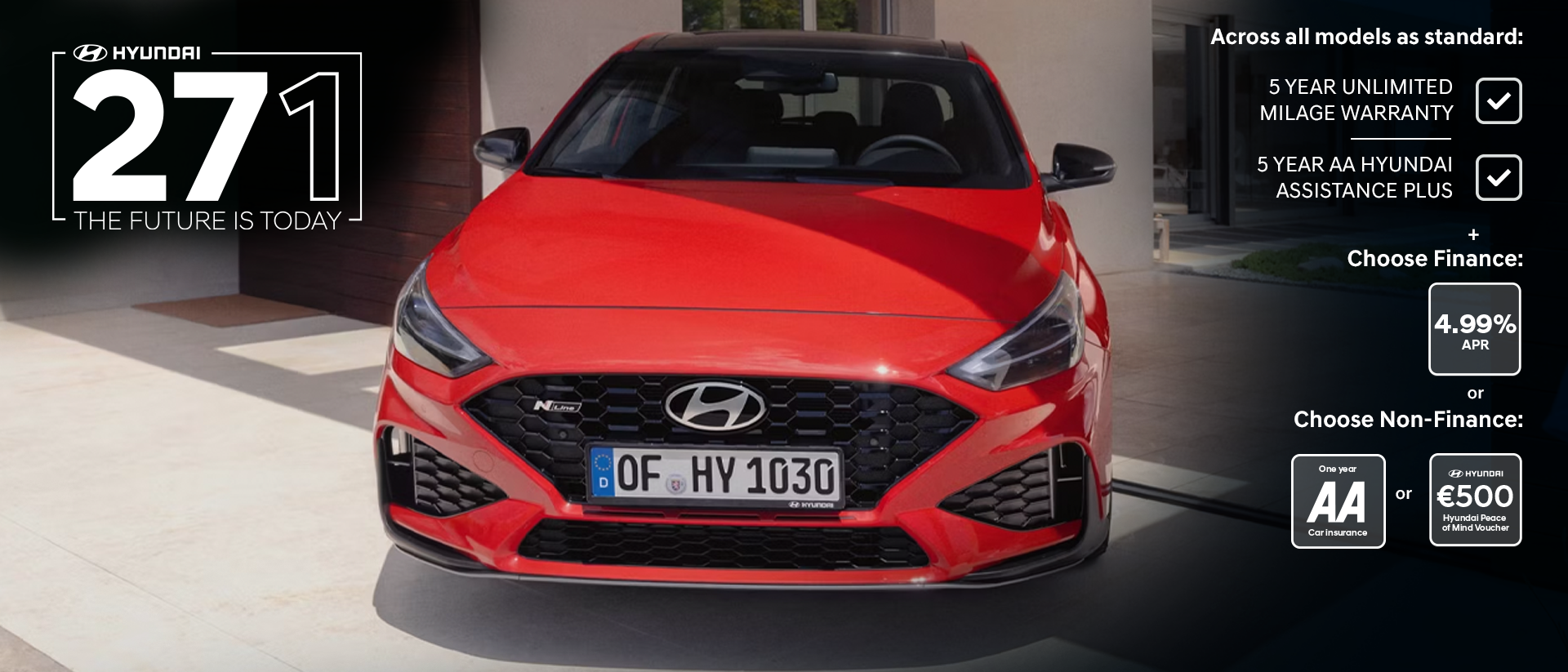 The new Hyundai i30 N Line in red parked in front of the house.