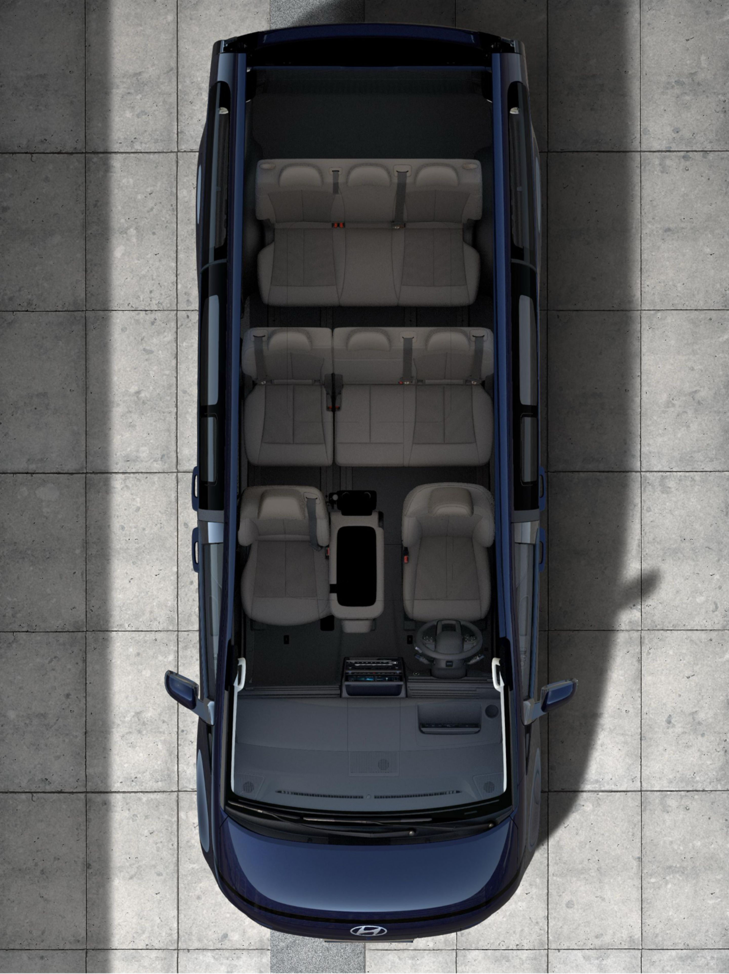 Hyundai STARIA Electric top-down view showing 9-seater layout and spacious interior cabin.