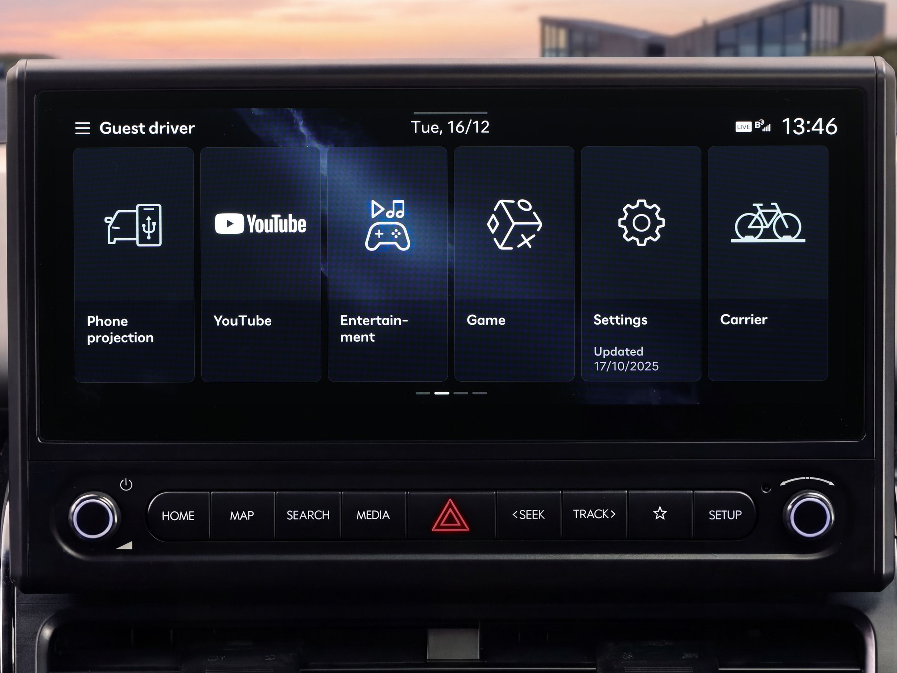 Hyundai STARIA Electric infotainment touchscreen showing entertainment and settings menus.