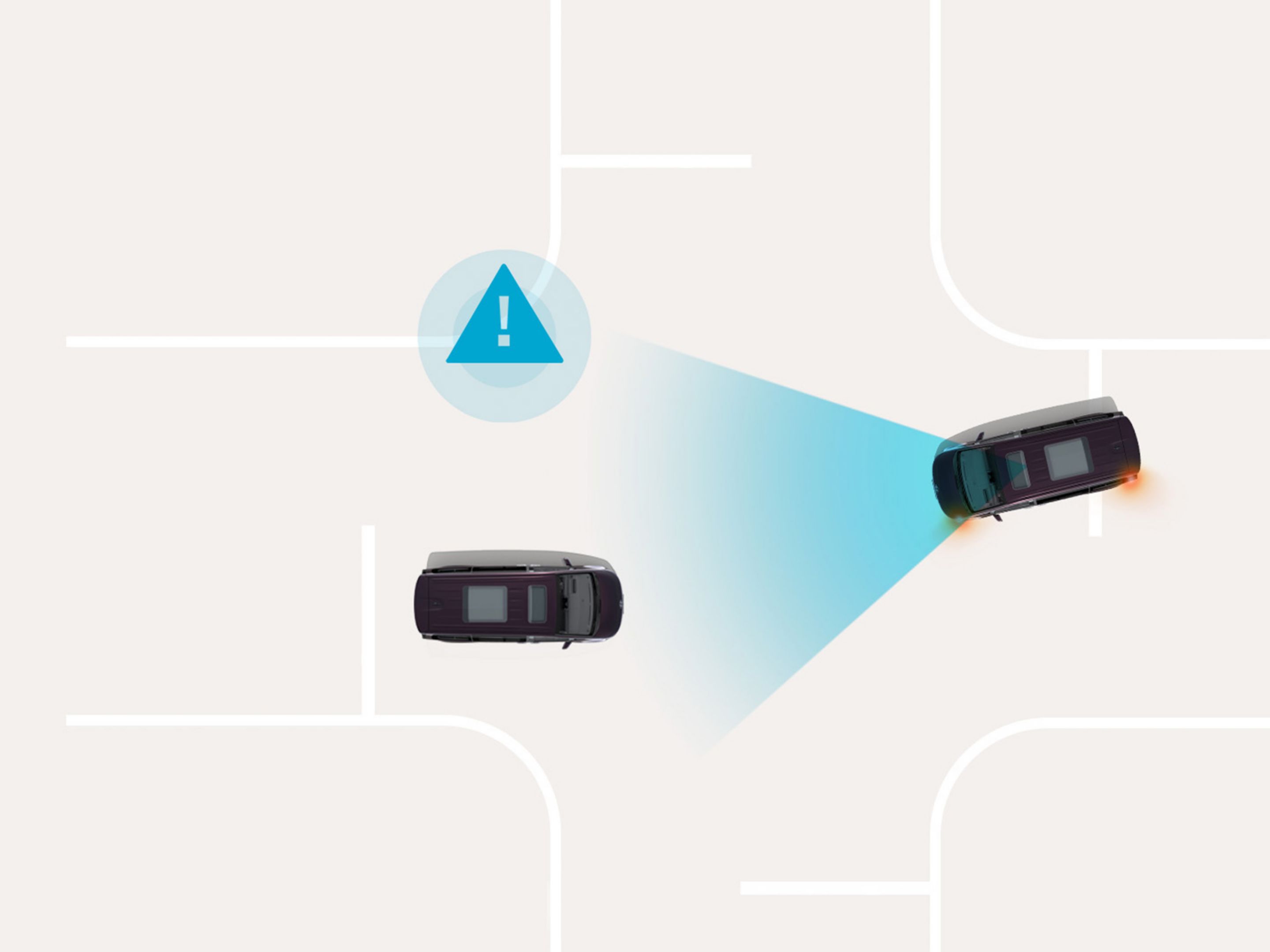 Forward Collision-Avoidance Assist: Hyundai STARIA Electric warns of a potential collision at an intersection and initiates avoidance support.