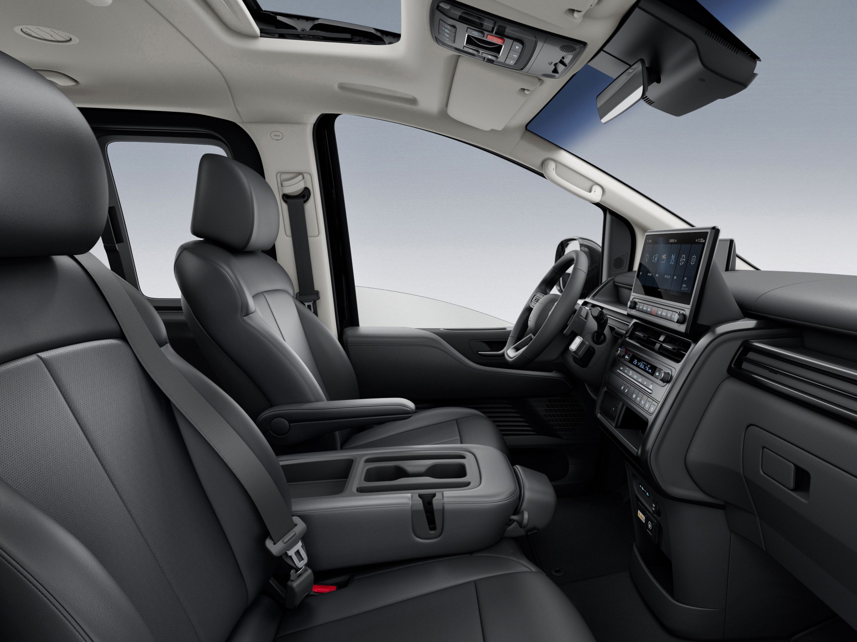 Hyundai STARIA Electric interior with open dashboard design, central display, and spacious front seating area.