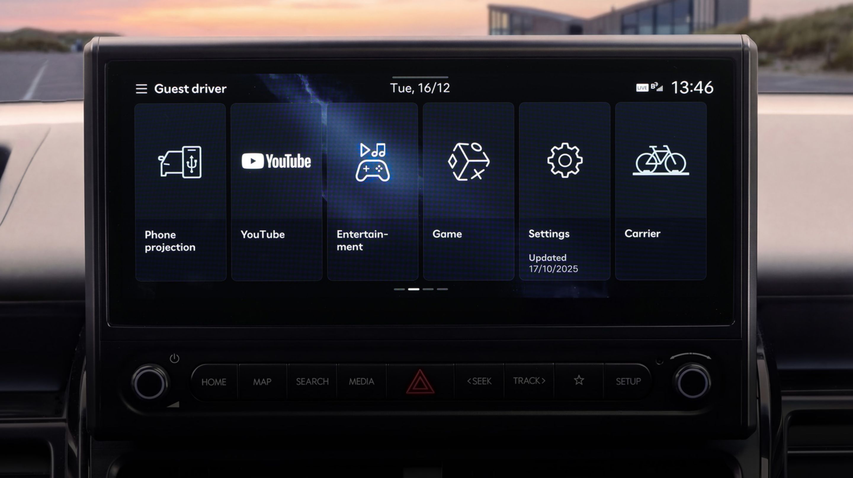 Hyundai STARIA Electric infotainment touchscreen showing entertainment and settings menus.