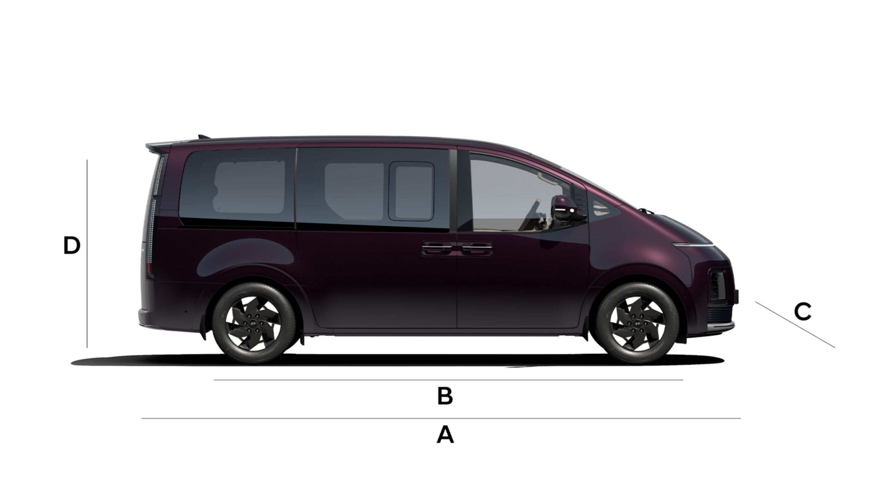 Side view of a Hyundai STARIA Electric, and labeled dimensions on a white background.