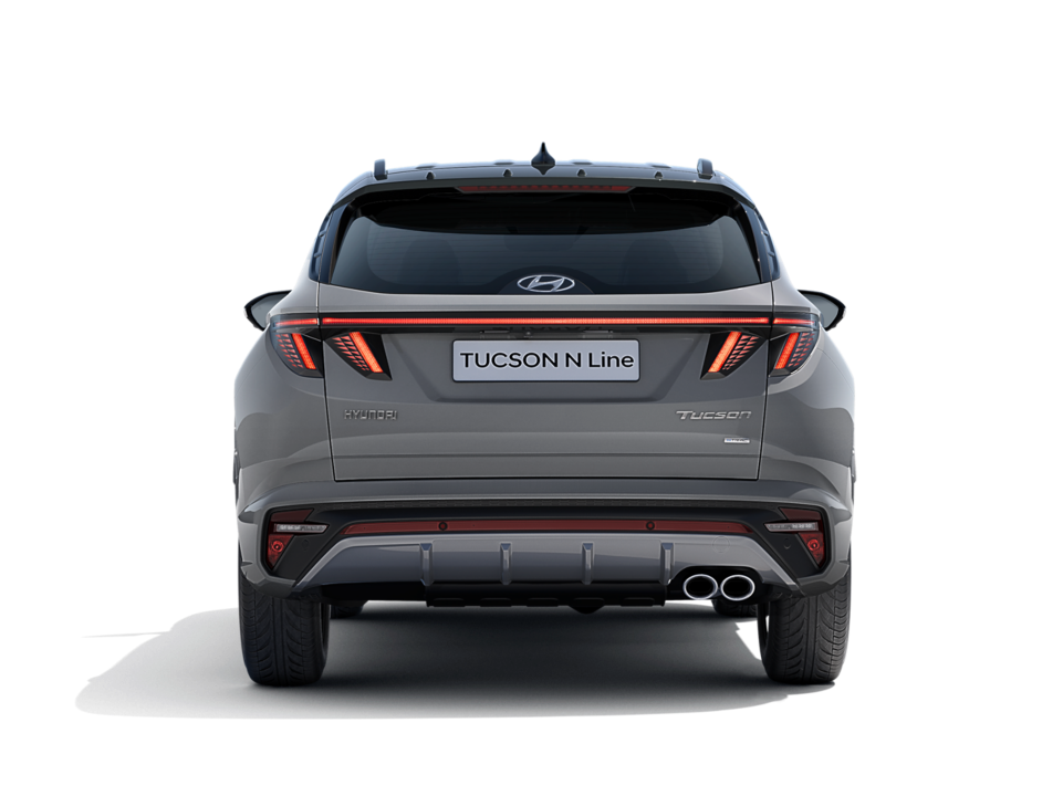 The all-new Hyundai TUCSON Plug-in Hybrid N Line in shadow gray, seen from the rear.