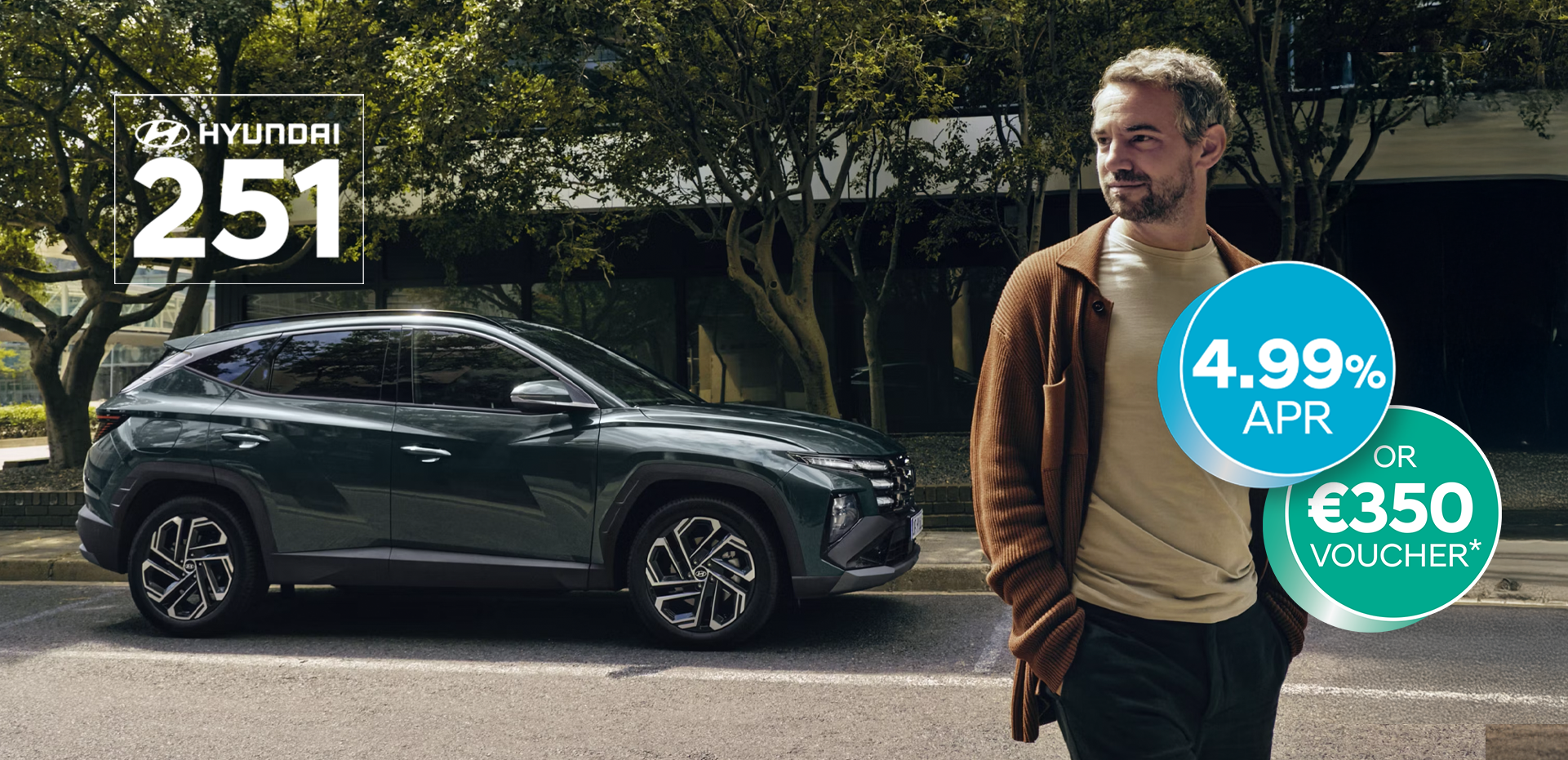 A man walking near a Hyundai TUCSON Hybrid parked by some trees.