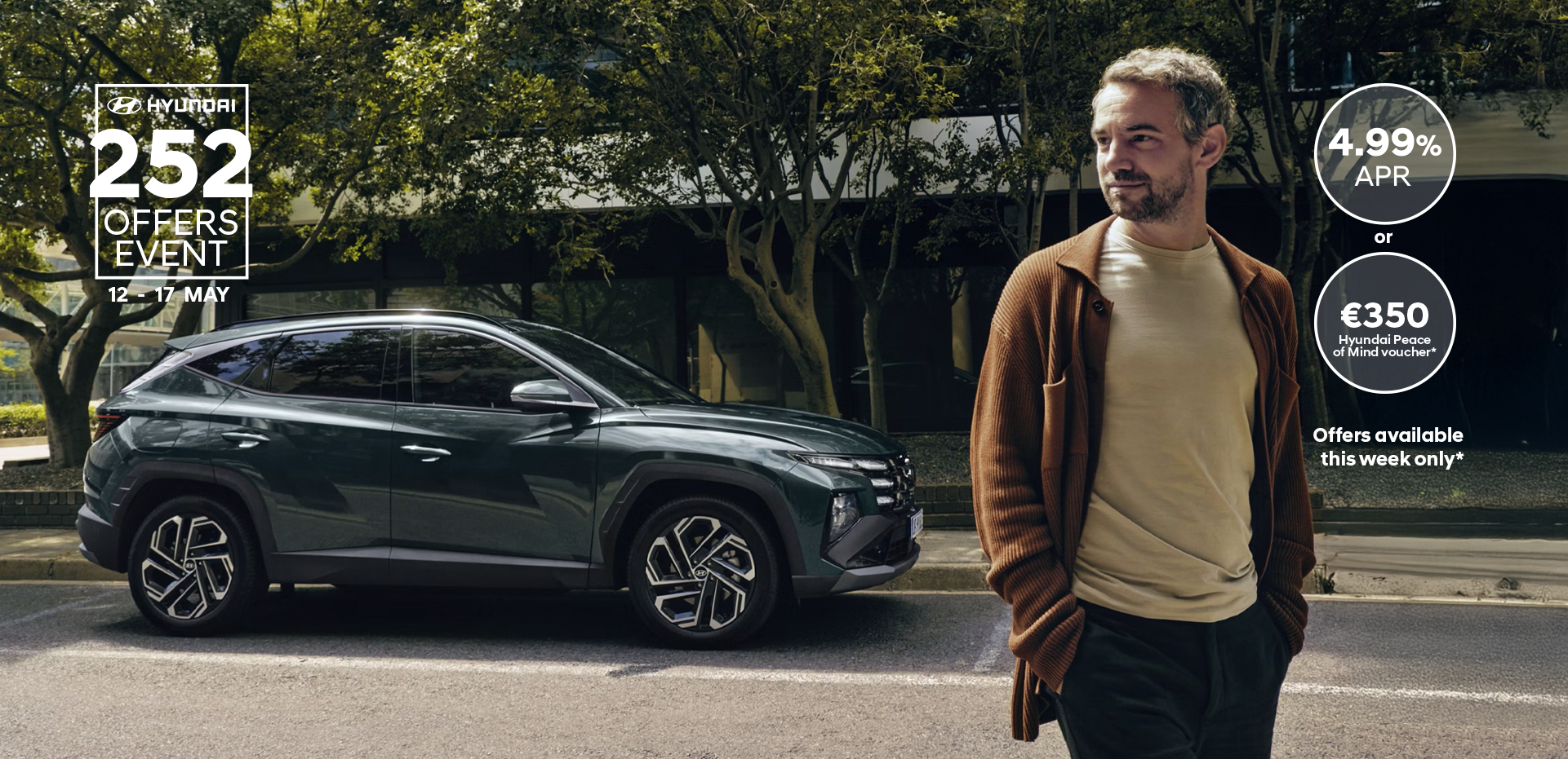 A man walking near a Hyundai TUCSON Hybrid parked by some trees.
